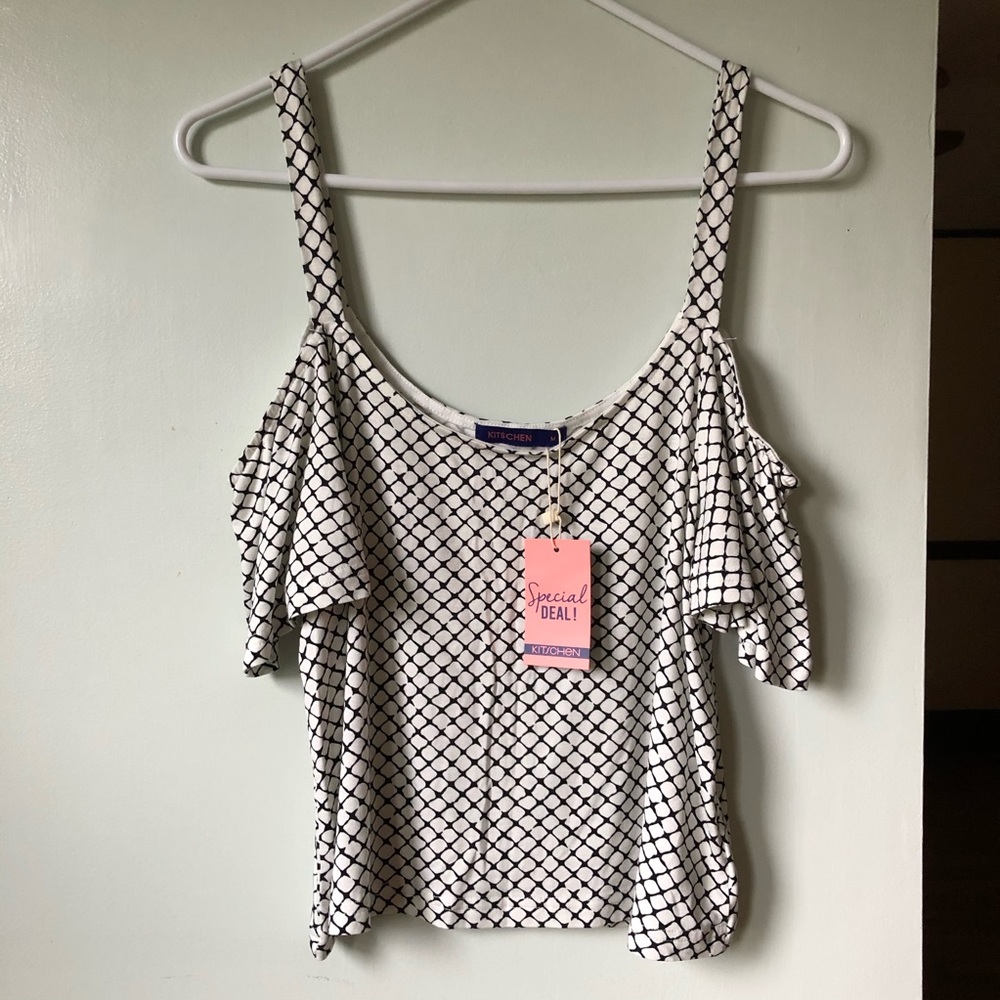 Kitschen Cold Shoulder Geometric Print Crop Top